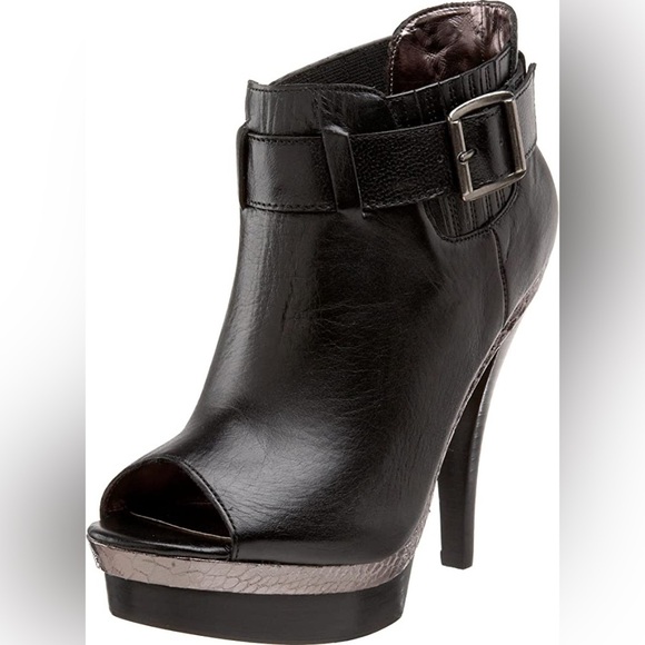 STEVE MADDEN | Mainst‎ Leather Peep Toe Booties Black Silver Snakeskin 6M - Picture 5 of 16